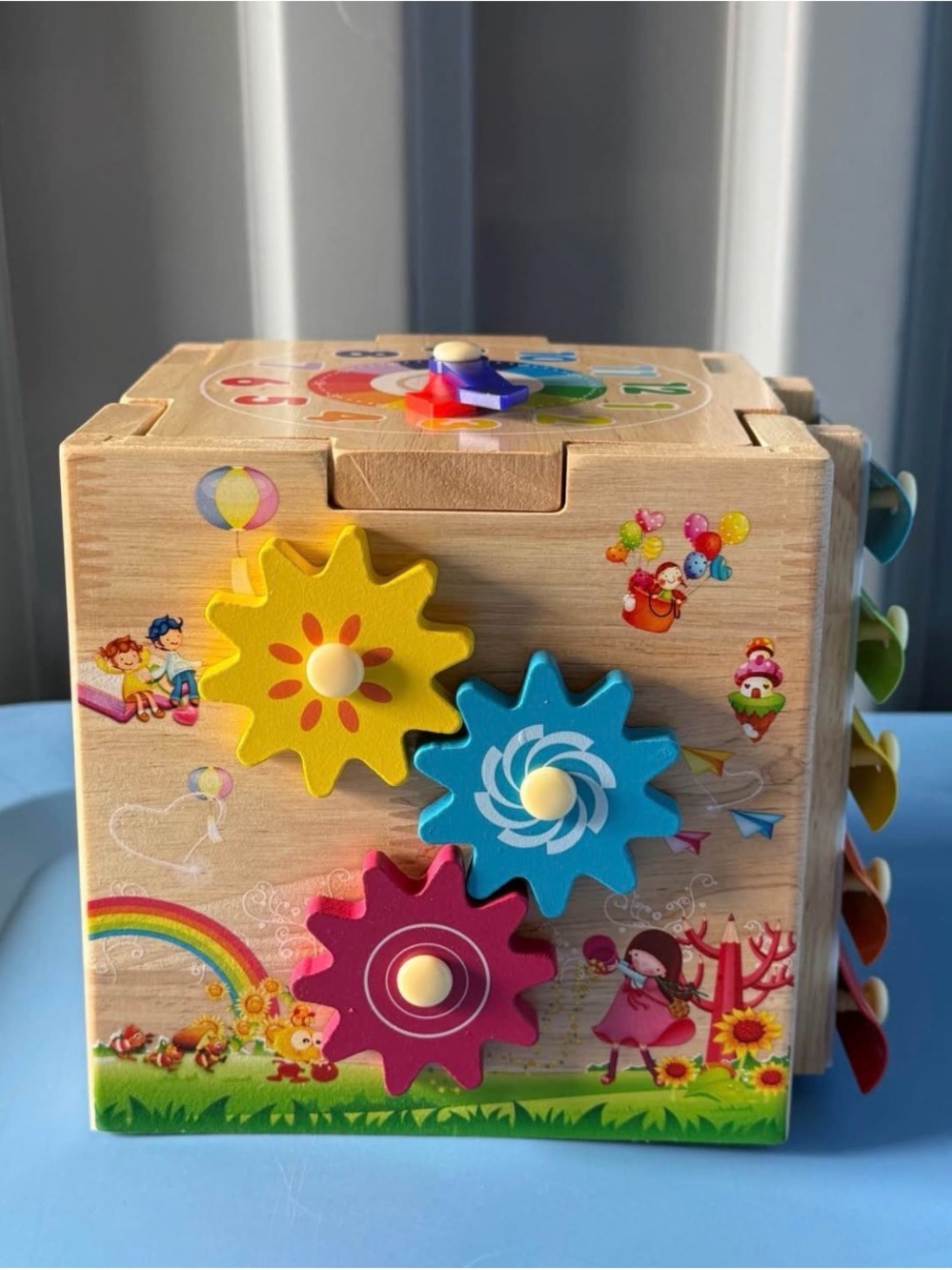 Wooden Activity Cube with Yellow, Blue, and Pink Gears - Kids Toys